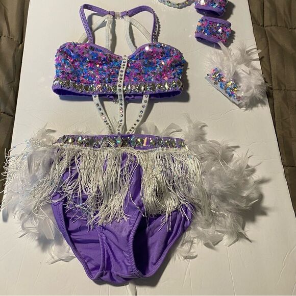 Glamour solo dance costume custom 2 piece lavender rhinestone feather sassy LC - Picture 3 of 15